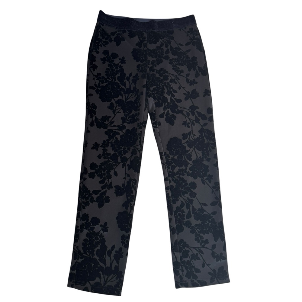 Liz Claiborne Women's Black Velvet Flower Print Strait‎ Leg Career Pant Size M